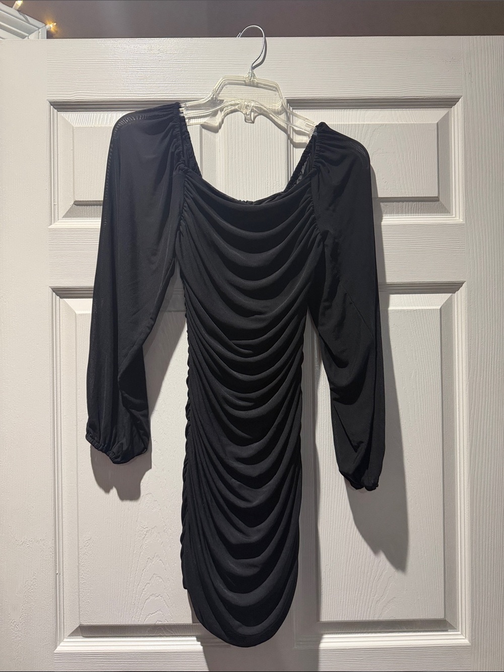 Ruched Long-Sleeve Black Dress with Draped Front